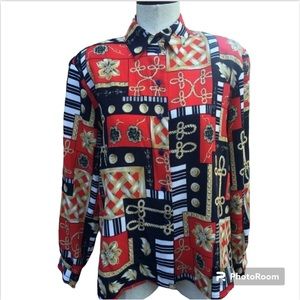Vintage Alia Crinkle Print “Holiday”Long Sleeve Blouse-Red/Navy